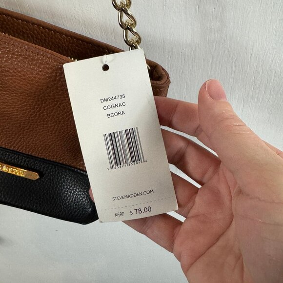 Steve Madden Crossbody Bag – Cognac & Black Two-Tone Faux Leather, Gold Chain - Picture 6 of 10